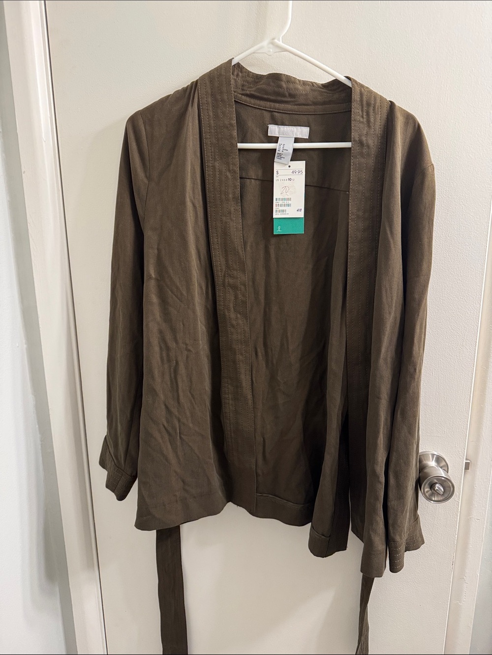 H&M Olive Open-Front Belted Cardigan